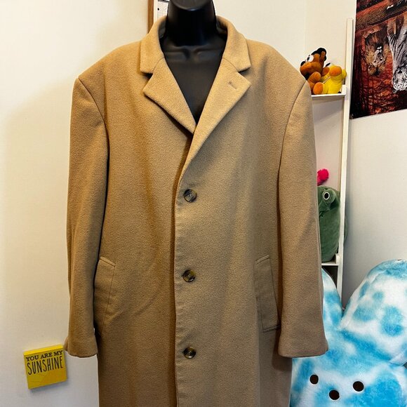 Vintage Chereskin Tan Wool Blend Long Coat Full Length Button Front Men’s 48R XX - Picture 1 of 6